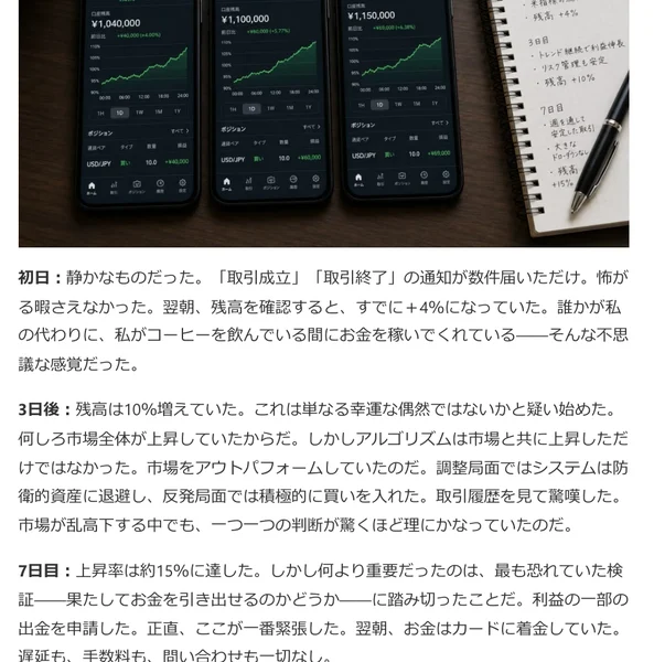 「7日間の検証日記」として、初日に残高が4%増え、3日後に10%増え、7日目には約15%に達したうえで出金も問題なく完了したと書かれた記事本文