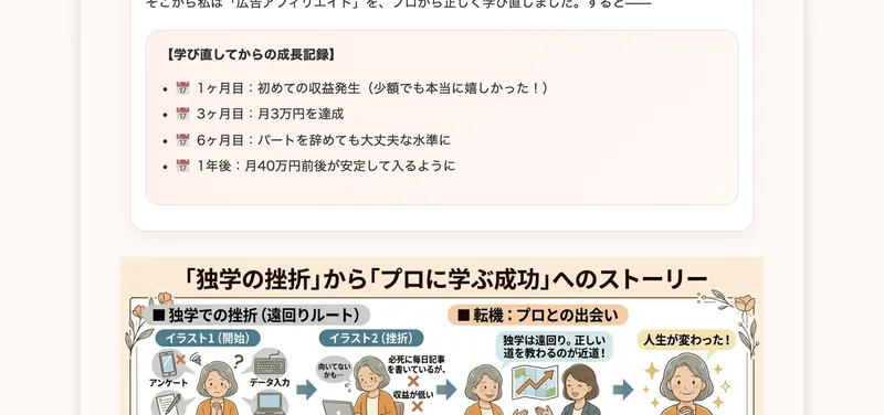 電子書籍の一節。学び直してからの成長記録として、1ヶ月目に初めての収益発生、3ヶ月目に月3万円を達成、6ヶ月目にパートを辞めても大丈夫な水準に、1年後に月40万円前後が安定して入るようにと書かれている