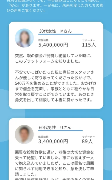 30代女性Mさん540万円115人、60代男性Uさん340万円89人、50代女性Hさん685万7000円165人と書かれた寄付型クラファンの体験談