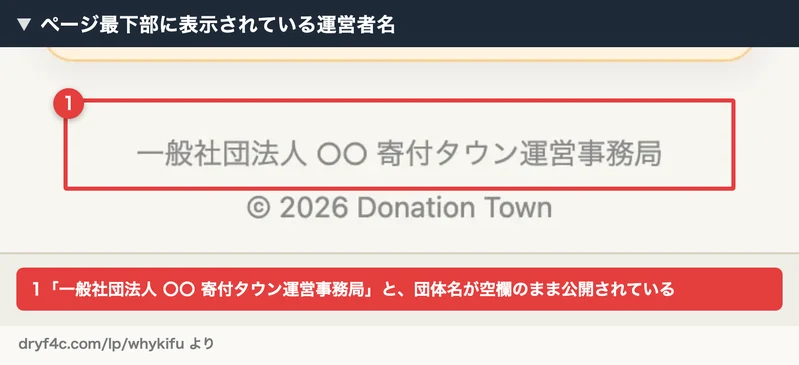 「一般社団法人 〇〇 寄付タウン運営事務局」と表示されているページ最下部の運営者名