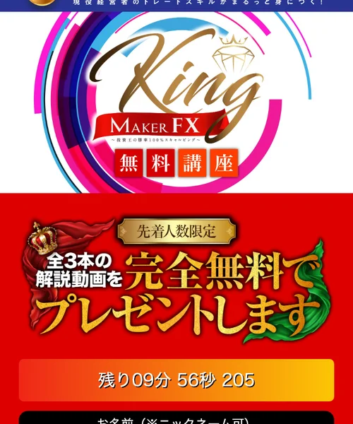 「先着人数限定 全3本の解説動画を完全無料でプレゼントします」という見出しと「残り09分56秒」というカウントダウンタイマーが表示された登録フォーム