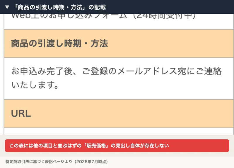 「商品の引渡し時期・方法」の項目に「お申込み完了後、ご登録のメールアドレス宛にご連絡いたします」とだけ書かれ、価格の記載が見当たらない特定商取引法のページに、注釈が付いた画像