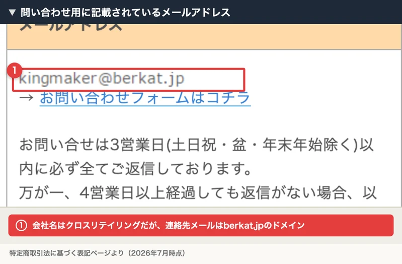 特定商取引法のページに記載された「kingmaker@berkat.jp」というメールアドレスに、赤枠と注釈が付いた画像