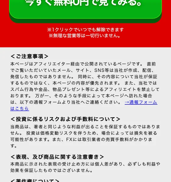 「本商品に示された表現の受け止め方には個人差があり、必ずしも利益や効果を保証したものではございません」という注意書きが書かれた広告ページ下部