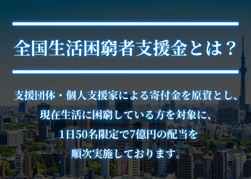 「全国生活困窮者支援金とは?」として寄付金を原資に1日50名限定で7億円を配当すると説明する広告画面