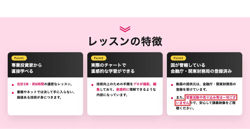 レッスンの特徴としてPoint1に合計3本・約6時間の濃密なレッスン、Point3に金融庁・関東財務局の登録済み、営業活動や売り込み等は一切ございませんと書かれた広告の一部