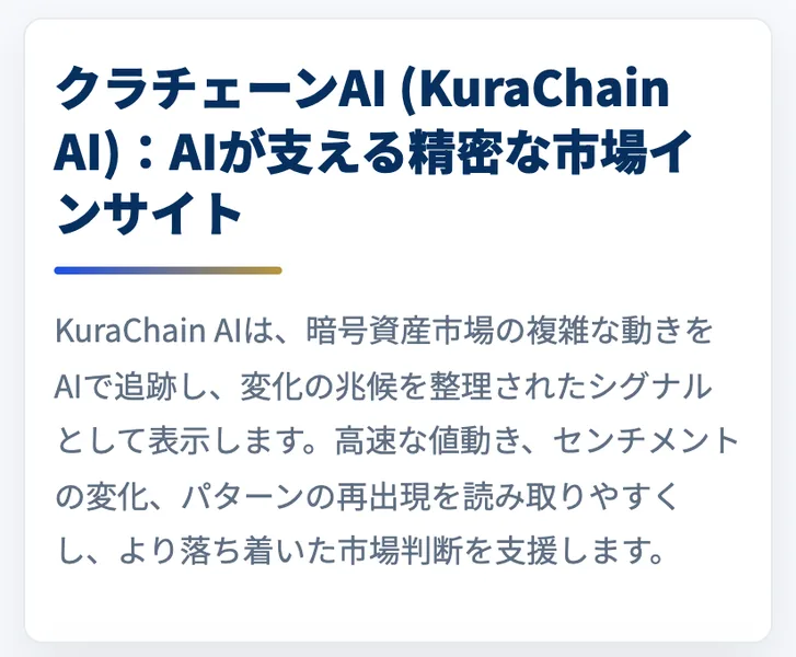 「クラチェーンAI（KuraChain AI）：AIが支える精密な市場インサイト」とうたい、AIで暗号資産市場を追跡すると説明するクラチェーンAIのトップページ