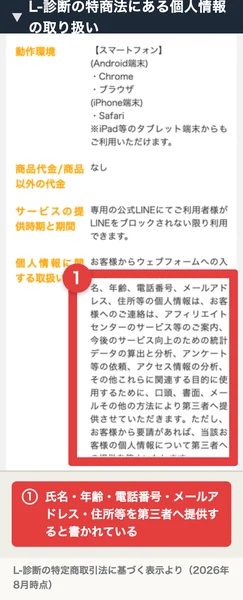 L-診断の特定商法取引法に基づく表示の下部。個人情報に関する取扱いの欄に、氏名・年齢・電話番号・メールアドレス・住所等の個人情報を第三者へ提供すると書かれ、赤枠と注釈が付いている