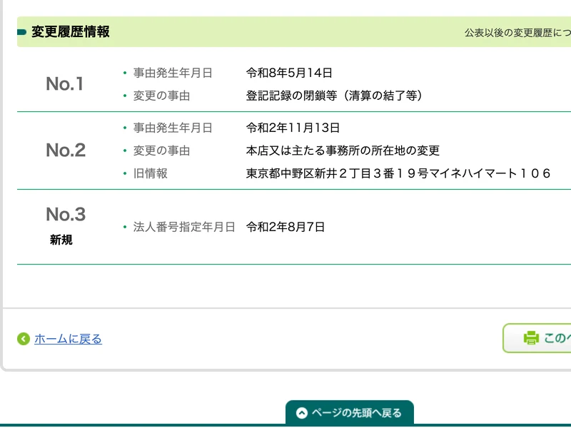 国税庁の法人番号公表サイトの変更履歴。令和8年5月14日に登記記録の閉鎖等、令和2年11月13日に本店所在地の変更（旧情報 東京都中野区新井２丁目３番１９号マイネハイマート１０６）、法人番号指定年月日は令和2年8月7日と並んでいる