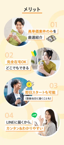 「メリット」として「01 高単価のみを厳選紹介」「02 完全在宅OK」「03 即日スタートも可能」「04 LINEに届くから、カンタン＆わかりやすい」の4つが並ぶ広告画面