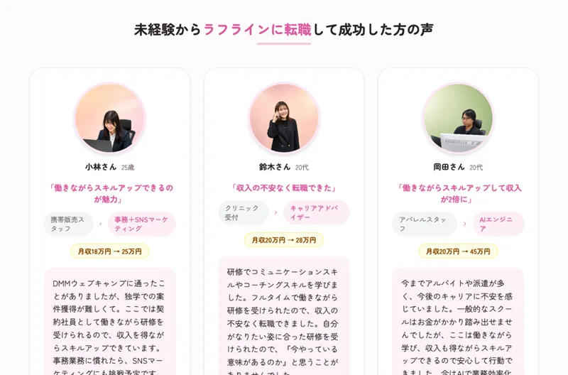 携帯販売やクリニック受付から転職して収入が増えたと紹介する、ラフラインの成功者の声の広告画面