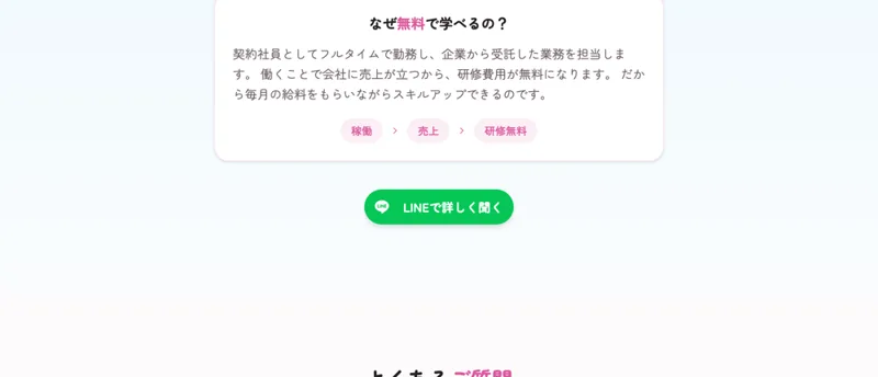 契約社員としてフルタイムで働き、企業から受託した業務を担当することで会社に売上が立つから研修費が無料になると説明するラフラインの広告画面