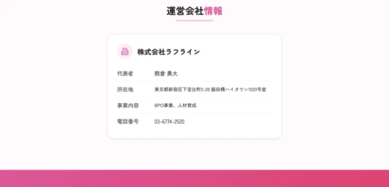 代表者は熊倉勇大、所在地は東京都新宿区、事業内容はBPO事業・人材育成と記載されたラフラインの運営会社情報