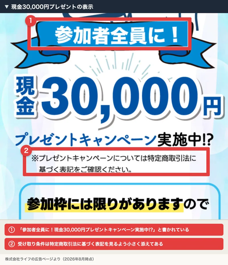 「参加者全員に！現金30,000円プレゼントキャンペーン実施中!?」と大きく書かれ、小さく特定商取引法に基づく表記を確認するよう添えられた株式会社ライフの広告画面