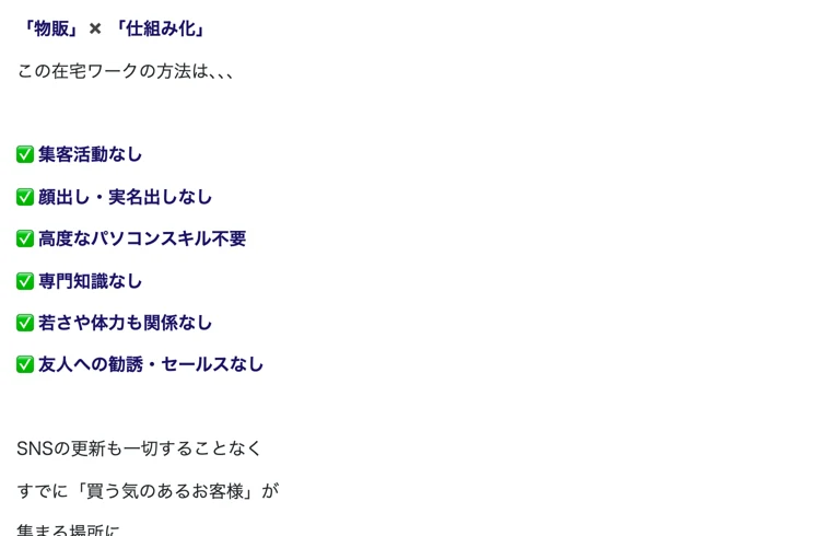 「物販」×「仕組み化」で集客活動なし・顔出しなし・専門知識なしと並べる西村みゆきの広告のチェックリスト