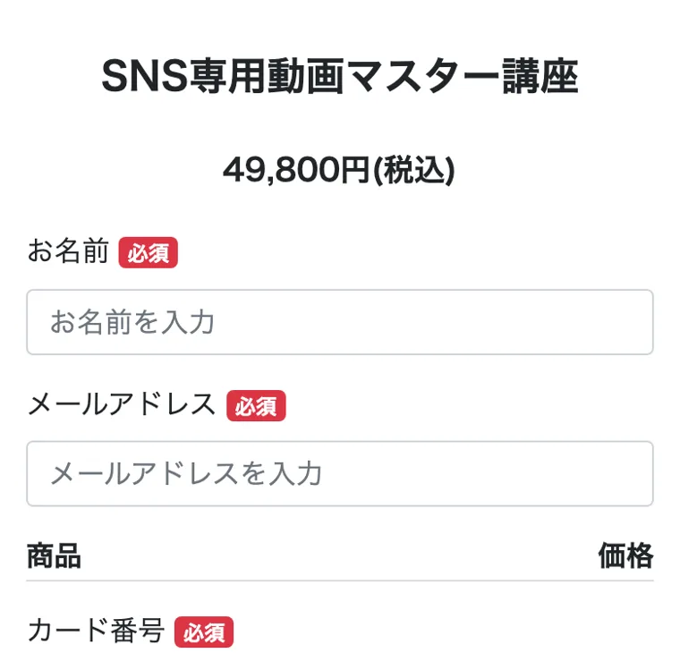 お名前・メールアドレス・カード番号の入力欄と「49,800円(税込)」の表示、「注文を確定する」ボタンが並ぶクレジットカード決済フォーム