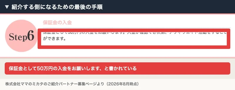 ステップ6の保証金の入金の欄に、保証金として50万円の入金をお願いしますと書かれている紹介パートナー募集ページ