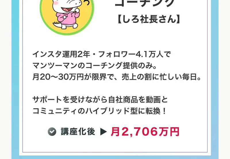 受講生の事例。しろ社長さん、インスタ運用2年・フォロワー4.1万人でマンツーマンのコーチング提供のみ、月20〜30万円が限界で売上の割に忙しい毎日。講座化後は月2,706万円と書かれた広告ページ