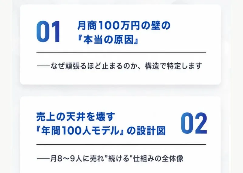 勉強会で手に入ること。01は月商100万円の壁の「本当の原因」、02は売上の天井を壊す「年間100人モデル」の設計図と書かれた広告ページ