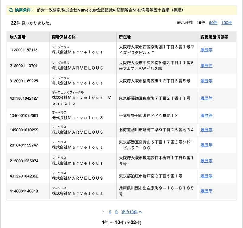 国税庁の法人番号公表サイトの検索結果。株式会社Marvelousで22件見つかり、大阪市西区・中央区・福島区、東京都港区・狛江市、北海道旭川市、千葉県野田市、兵庫県川西市などの法人が並んでいる