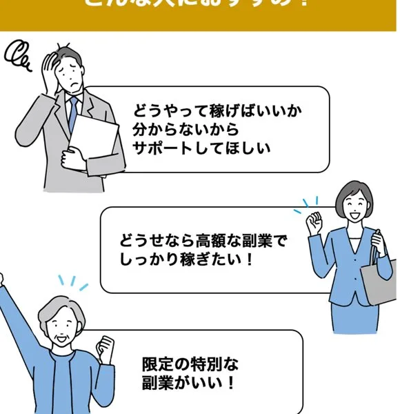 どんな人におすすめ?どうやって稼げばいいか分からないからサポートしてほしい、どうせなら高額な副業でしっかり稼ぎたい、限定の特別な副業がいいという吹き出しが並ぶ広告ページ