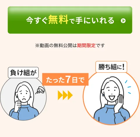 「負け組が」「たった7日で」「勝ち組に！」と、短期間でFXの勝ち組になれると訴える広告のイラスト