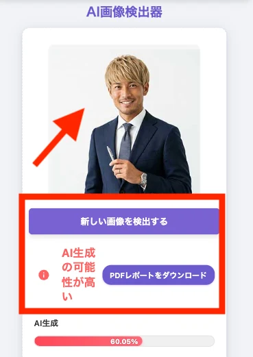 FX_KENの顔写真をAI画像検出器にかけた結果、AI生成の可能性が高いと表示され、AI生成60.05%と出ている画面