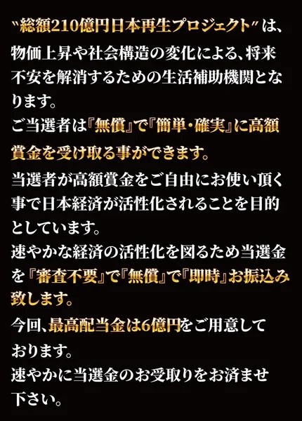 「総額210億円日本再生プロジェクトは、物価上昇や社会構造の変化による将来不安を解消するための生活補助機関となります」「当選金を審査不要で無償で即時お振込み致します」と書かれた広告画面