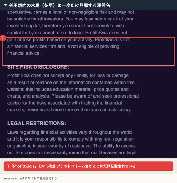 利用規約の英語のリスク警告文の中に「ProfittiScia」という名前が複数回登場している箇所