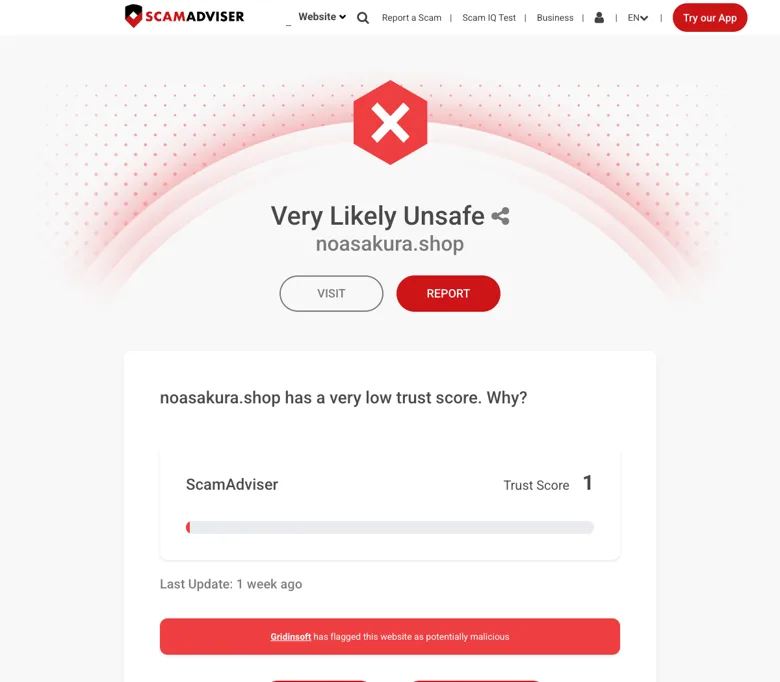 ScamAdviserがnoasakura.shopを「Very Likely Unsafe」、トラストスコア1と評価している画面
