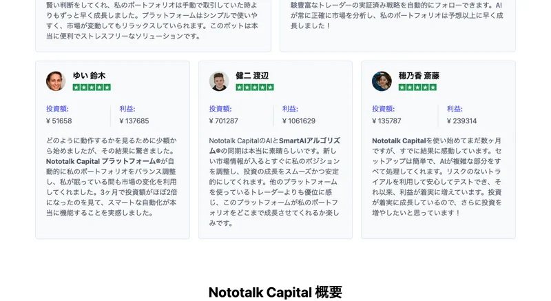 ゆい鈴木さん、健二渡辺さん、穂乃香斎藤さんの顔写真と星5つの評価、投資額と利益額を並べたNototalk Capitalの利用者レビュー画面
