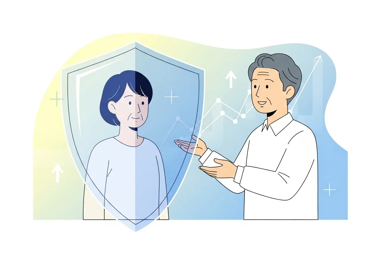 安心して安全な判断をする人と、寄り添う相談相手のイメージイラスト