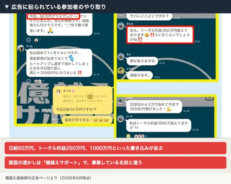 広告に貼られているLINEのやり取り。今日50万円プラスでした、トータル利益250万円超えております、7月28日から2万で始めて今日で30335円稼げましたといった書き込みが並ぶ