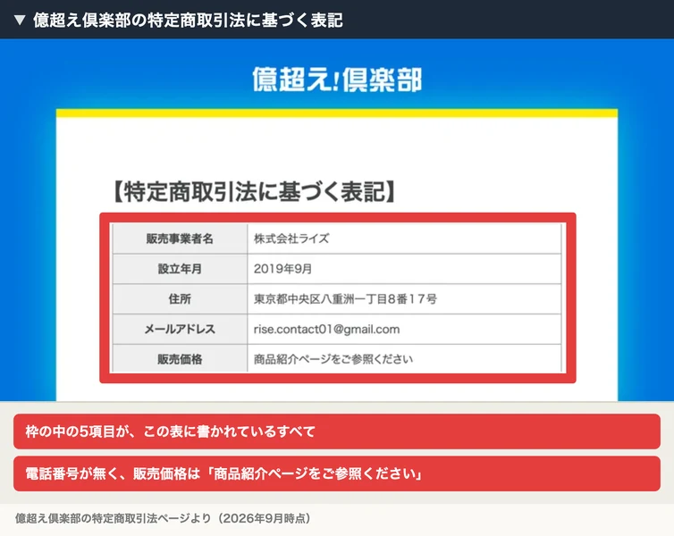 販売事業者名は株式会社ライズ、設立年月は2019年9月、住所は東京都中央区八重洲一丁目8番17号、販売価格は商品紹介ページをご参照くださいと書かれた特定商取引法に基づく表記