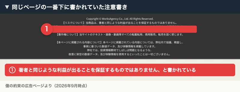 ページ下部のリスク表記。当商品は著者と同じような利益が出ることを保証するものではありません、FXは価格変動リスクを伴うため場合によっては損失を被る可能性があります、と記載されている