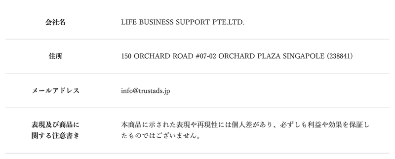 会社名はLIFE BUSINESS SUPPORT PTE.LTD.、住所は150 ORCHARD ROAD #07-02 ORCHARD PLAZA SINGAPOLE、メールアドレスはinfo@trustads.jp、表現及び商品に関する注意書きの4項目だけが並んだ特定商取引法のページ