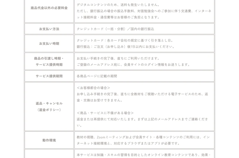 お客様都合の場合返金・交換はお受けできません、本サービスは知識・スキルの習得を目的としたオンライン教育コンテンツであり効果・成果・収益を保証するものではありませんと記載されている