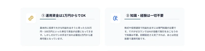 「投資知識不要」「完全放置で運用可能」と手軽さを強調するゼロワンの広告画面