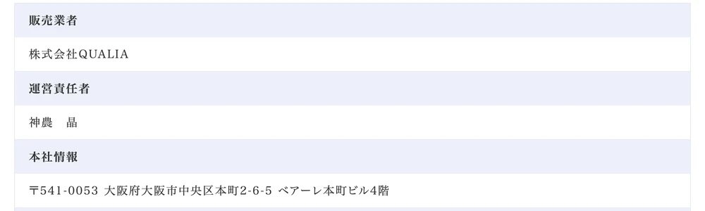 QUALIAの特定商取引法に基づく表記。販売業者は株式会社QUALIA、運営責任者は神農晶、本社は大阪府大阪市中央区と記載されている