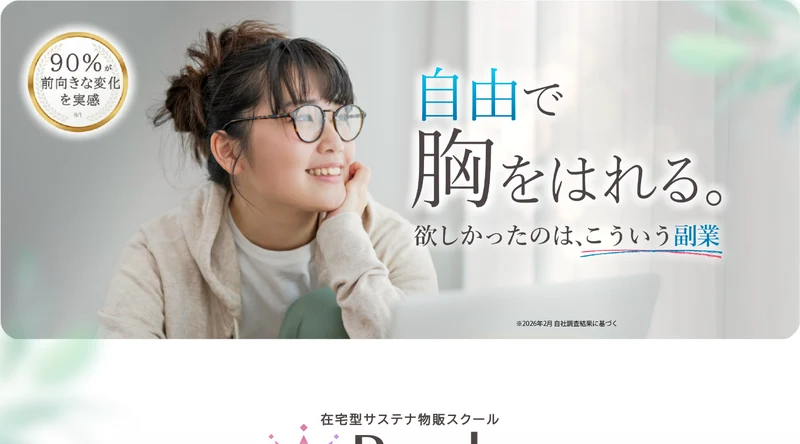 Re:cheの広告の冒頭。「自由で胸をはれる。欲しかったのは、こういう副業」という見出しと、「90%が前向きな変化を実感」というバッジ、「1日15分でOK!すきま時間で+6万円を作る3STEP」という表示がある