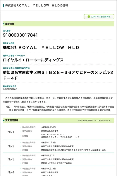 合同会社R&Yから合同会社ROYAL YELLOW HLD、株式会社への商号変更と本店移転が記載された変更履歴情報