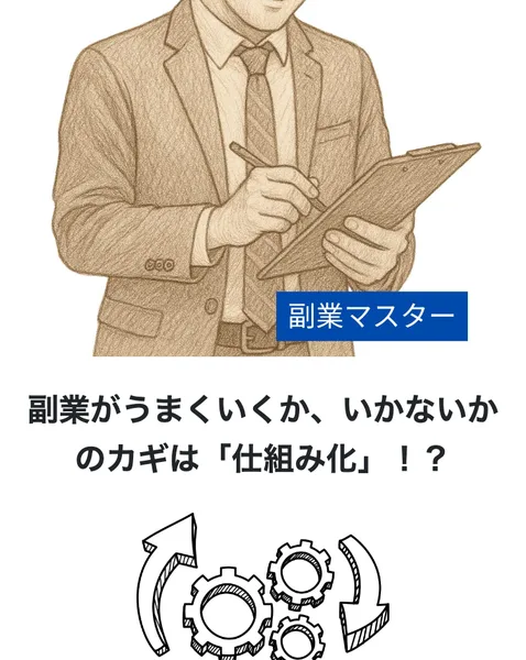 副業がうまくいくカギは「仕組み化」だと説明し、労働系・投資系・オーナー系に分類する広告画面