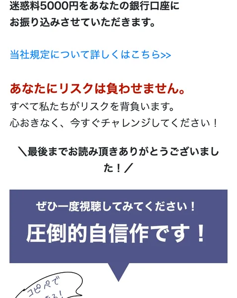 「あなたにリスクは負わせません」「圧倒的自信作」とうたい、迷惑料5000円をちらつかせる広告画面