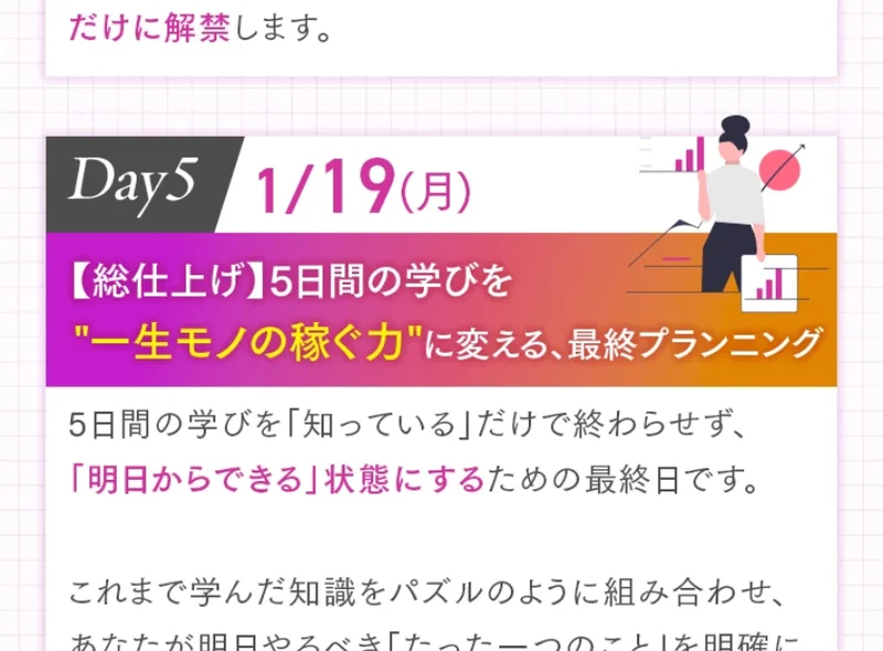 5日間の学びを一生モノの稼ぐ力に変える最終プランニングだとうたう、さきのインスタお仕事化のDay5の案内
