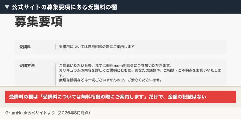 公式サイトの募集要項。受講料の欄は「受講料については無料相談の際にご案内します」だけで金額の記載がない