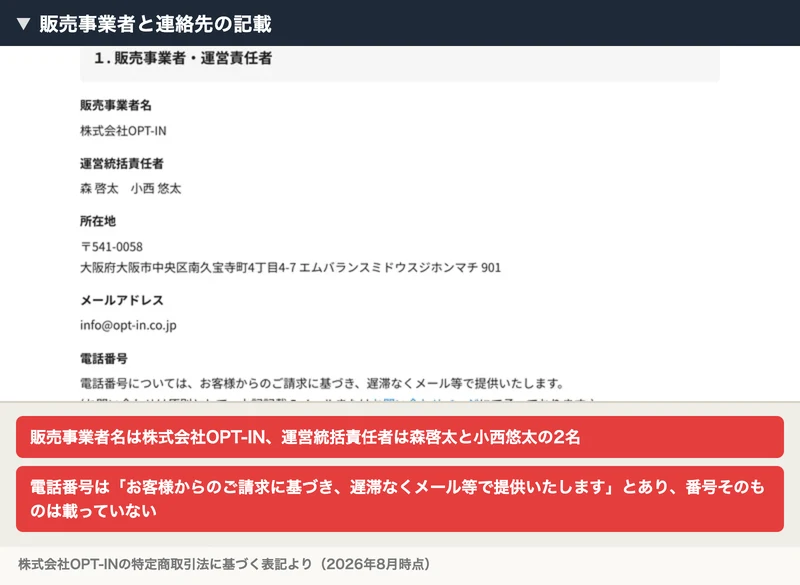 特定商取引法の表記。販売事業者名は株式会社OPT-IN、運営統括責任者は森啓太と小西悠太、電話番号は請求に基づき提供と書かれている