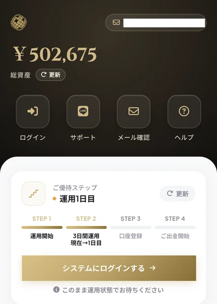 総資産502,675円と表示され、ご優待ステップとして運用開始、3日間運用、口座登録、ご出金開始の4段階が並ぶSECRET AIのマイページ