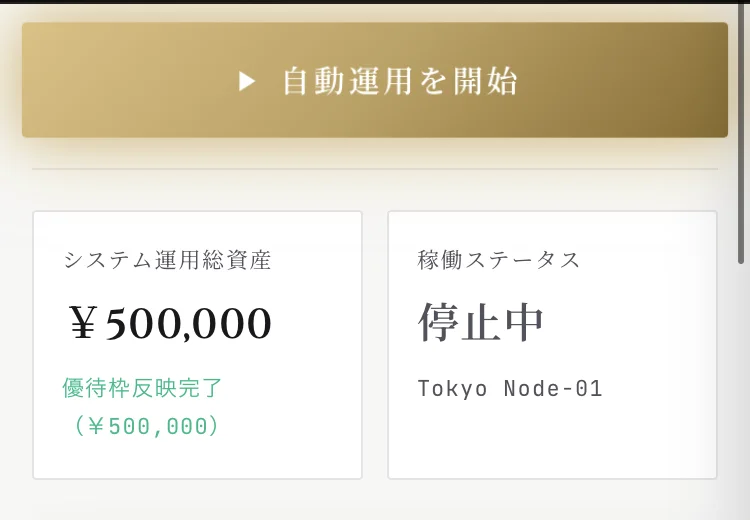 自動運用を開始というボタンの下に、システム運用総資産500,000円、優待枠反映完了と表示され、稼働ステータスは停止中となっているSECRET AIの画面