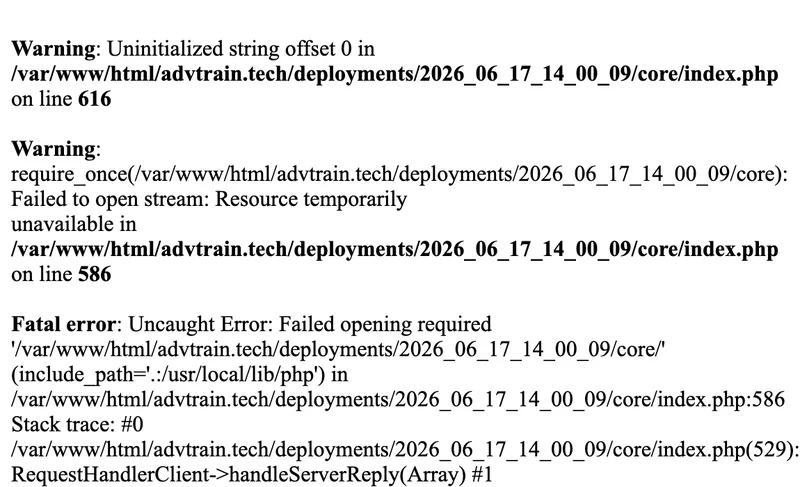 PHPのエラーが表示され、advtrain.techというサーバー上のファイルの場所が露出しているSeinavoraの関連ページ