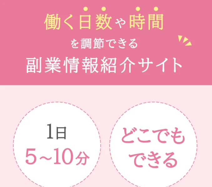 「働く日数や時間を調節できる副業情報紹介サイト」「1日5〜10分」「スキル不問」とうたうshe workの広告